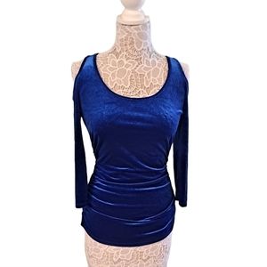 NWT Boston Proper Jeweltone Blue Scoop Neck Side Rouched Peep Shoulder Velour